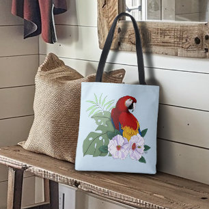 Rode Macaw Papegaai Tropische Witte Hibiscus Bloem Tote Bag