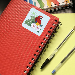 Rode Macaw Papegaai Tropische Witte Hibiscus Bloem Vierkante Sticker