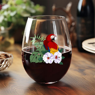 Rode Macaw Papegaai Tropische Witte Hibiscus Bloem Wijnglas Zonder Voet