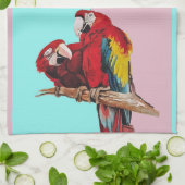 Rode Macaw Parrots Waterverf Kitchen Aqua Roze te  Theedoek (Gevouwen)