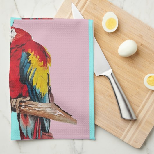 Rode Macaw Parrots Waterverf Kitchen Aqua Roze te  Theedoek (Quarter Fold)