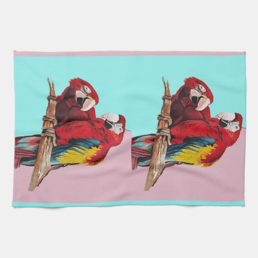 Rode Macaw Parrots Waterverf Kitchen Aqua Roze te  Theedoek (Horizontaal)
