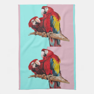 Rode Macaw Parrots Waterverf Kitchen Aqua Roze te  Theedoek