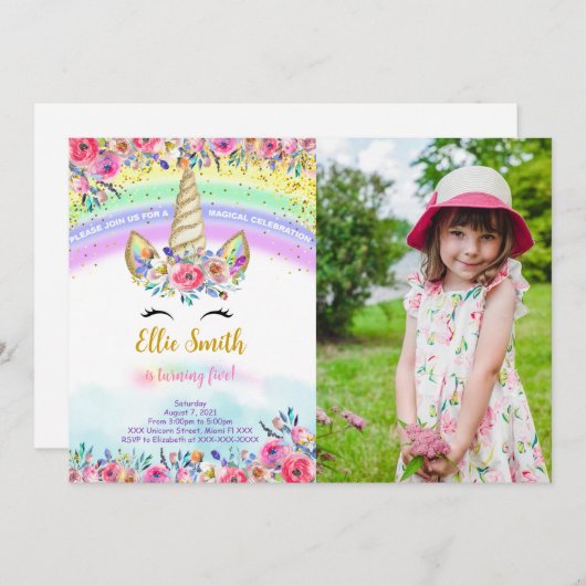 Rode Magische Eenhoorn Foto Uitnodiging (Voorkant / Achterkant)