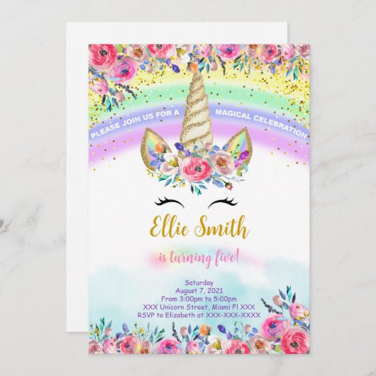 Rode Magische Eenhoorn Uitnodiging (Voorkant / Achterkant)