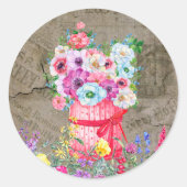 Rode mand, Waterverf bloemen,  krant Ronde Sticker (Voorkant)