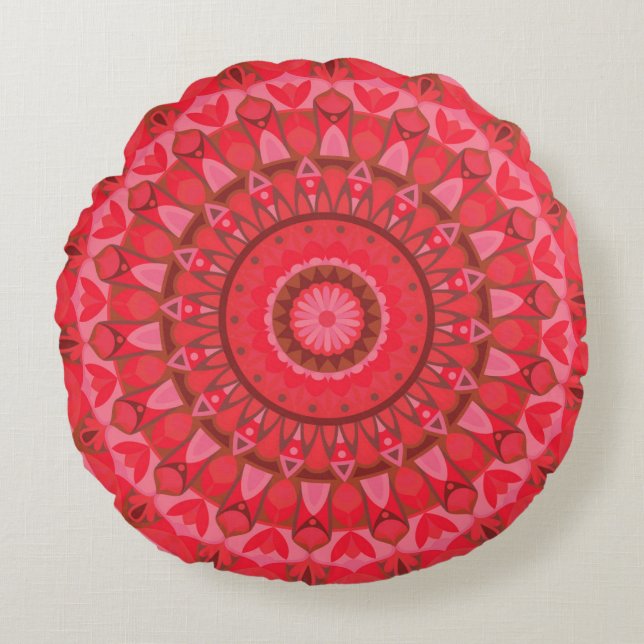 Rode Mandala Boho Warme Geometrische Statement Dec Rond Kussen (Voorkant)