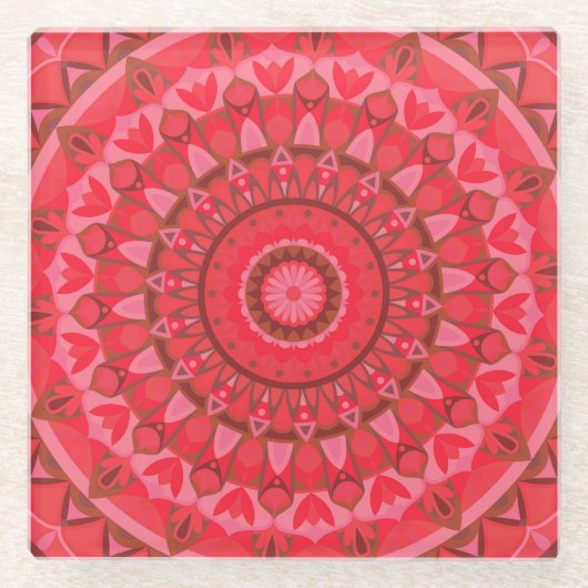 Rode Mandala Boho Warme Patroon Elegante Tafel Dec Glazen Onderzetter (Voorkant)