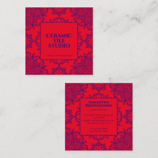 Rode mandala Navy Naadloze Mozaïek Tegel Patroon Vierkante Visitekaartje (Voorkant / Achterkant)