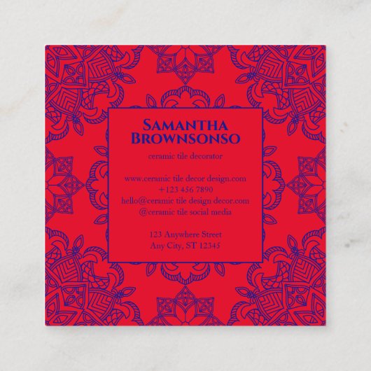 Rode mandala Navy Naadloze Mozaïek Tegel Patroon Vierkante Visitekaartje (Achterkant)