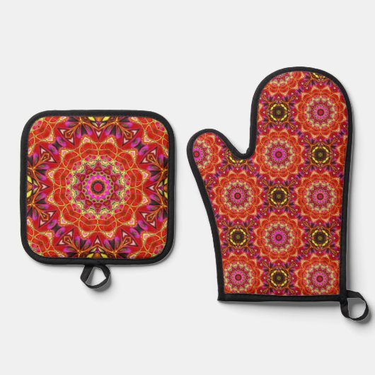 Rode MANDALA Ovenwant & Pannenlap Set (Voorkant)