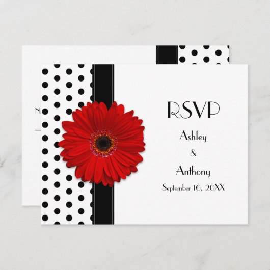 Rode Margriet Zwarte Witte Stippen Bruiloft RSVP (Voorkant / Achterkant)