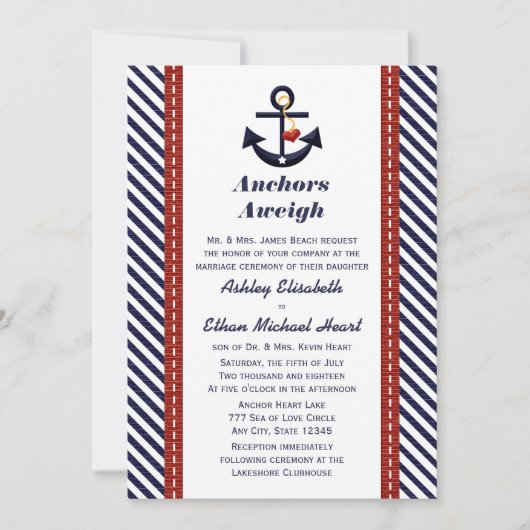 Rode marine Blue Anchor Nautical Wedding Invitatio Kaart (Voorkant)