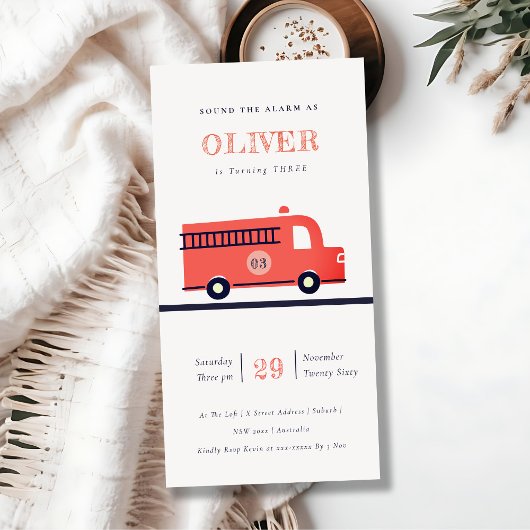 Rode marine brandweerauto verjaardagsuitnodiging v bedankkaart