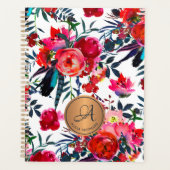 Rode marine waterverf bloemenkoperen monogram naam planner (Voorkant)