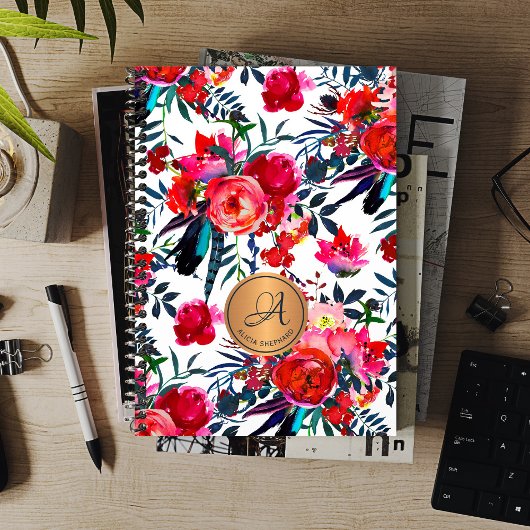 Rode marine waterverf bloemenkoperen monogram naam planner