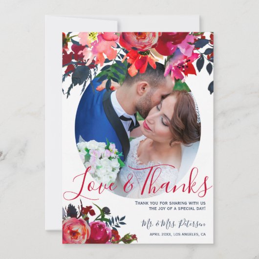 Rode marine waterverf pioen foto bruiloft dank u bedankkaart (Voorkant)