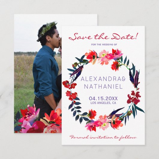 Rode marine waterverf wilde bloemen save date brui save the date (Voorkant / Achterkant)