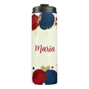 rode & marineblauwe bloemen gouden bladeren thermosbeker