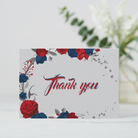 Rode & marineblauwe bloemen grijze bladeren bedankkaart (Staand voorkant)