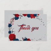 Rode & marineblauwe bloemen grijze bladeren bedankkaart (Voorkant / Achterkant)