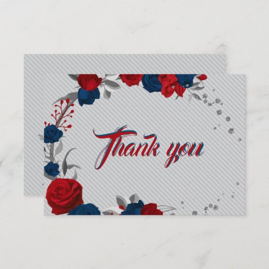 Rode & marineblauwe bloemen grijze bladeren bedankkaart (Voorkant / Achterkant)