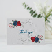 Rode & marineblauwe bloemen grijze bladeren bedankkaart (Staand voorkant)