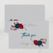 Rode & marineblauwe bloemen grijze bladeren bedankkaart (Voorkant / Achterkant)