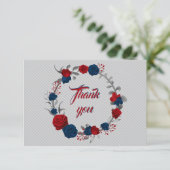 Rode & marineblauwe bloemen grijze bladeren krans bedankkaart (Staand voorkant)