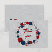 Rode & marineblauwe bloemen grijze bladeren krans bedankkaart (Voorkant / Achterkant)