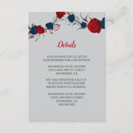 Rode & marineblauwe bloemen zilveren bladeren deta informatiekaartje