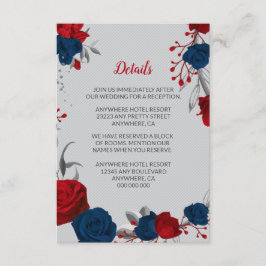 Rode & marineblauwe bloemen zilveren bladeren deta informatiekaartje