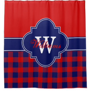 Rode marineblauwe Buffalo geruite 1ICBR monogram Douchegordijn