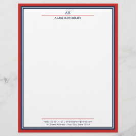 Rode marineblauwe rand monogram naam adres briefhoofd