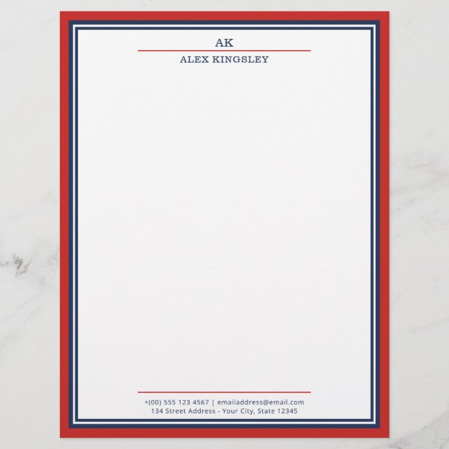 Rode marineblauwe rand monogram naam adres briefhoofd (Voorkant)
