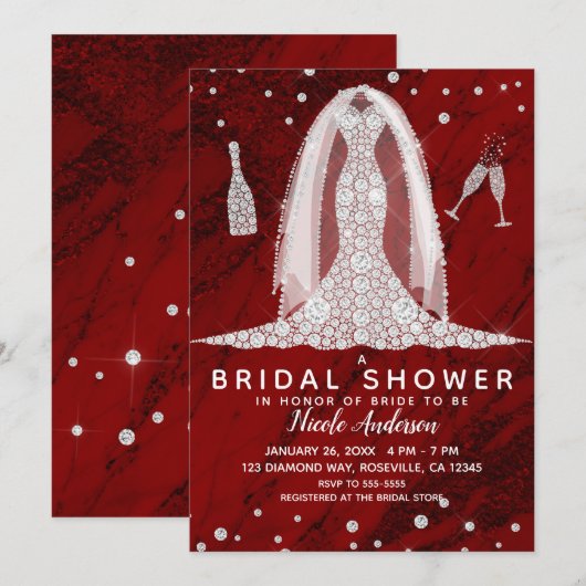 Rode Marmeren Diamanten Trouwjurk Bruidsbeurt Kaart (Voorkant / Achterkant)