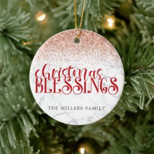 Rode Marmeren Kerstzegeningen Glitter Personaliser Keramisch Ornament