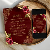 Rode Maroon Bloemen Gouden Kant QR Code Moslim Bru Kaart