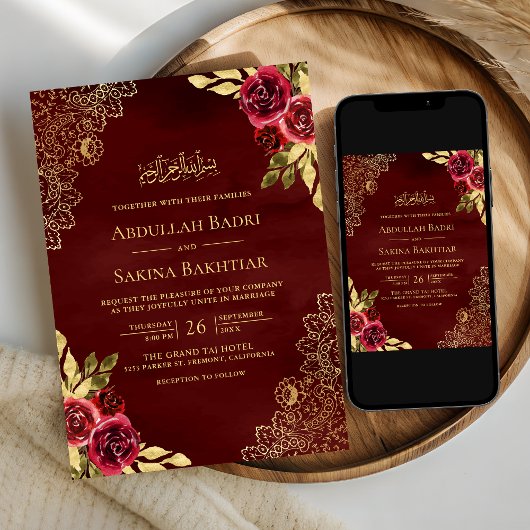 Rode Maroon Bloemen Gouden Kant QR Code Moslim Bru Kaart