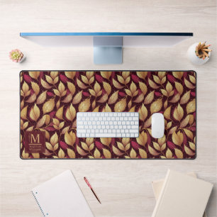 Rode Maroon Gouden Glitter Herfstbladeren Patroon Bureaumat