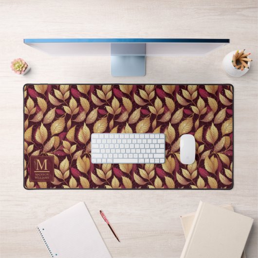 Rode Maroon Gouden Glitter Herfstbladeren Patroon Bureaumat (Kantoor 1)
