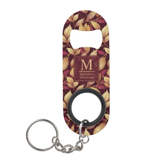 Rode Maroon Gouden Glitter Herfstbladeren Patroon Mini Flessenopener (Voorkant)