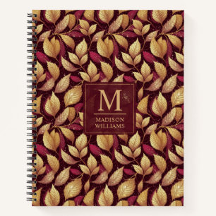 Rode Maroon Gouden Glitter Herfstbladeren Patroon Notitieboek