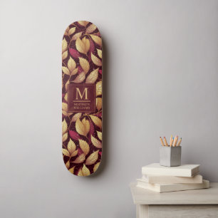 Rode Maroon Gouden Glitter Herfstbladeren Patroon Persoonlijk Skateboard