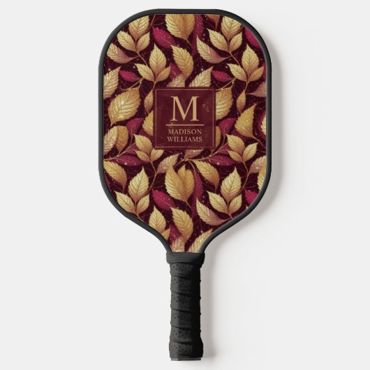 Rode Maroon Gouden Glitter Herfstbladeren Patroon Pickleball Paddle (Voorkant)