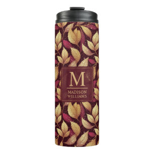 Rode Maroon Gouden Glitter Herfstbladeren Patroon Thermosbeker