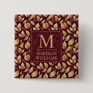 Rode Maroon Gouden Glitter Herfstbladeren Patroon Vierkante Button 5,1 Cm