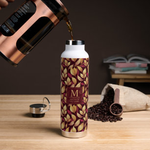 Rode Maroon Gouden Glitter Herfstbladeren Patroon Waterfles