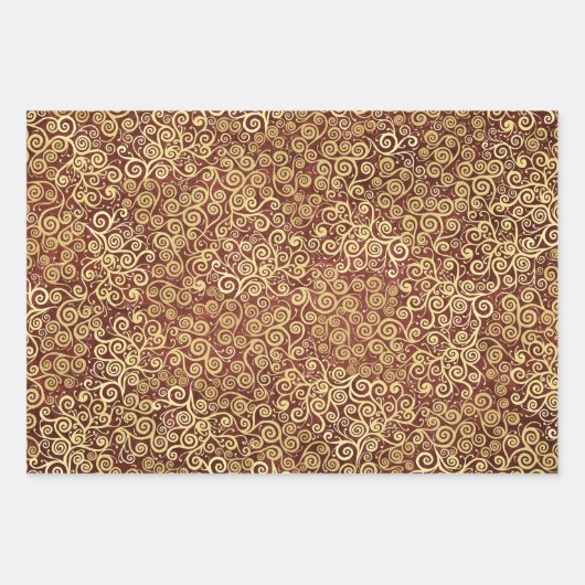 Rode Maroon & Gouden Swirls Patroon Boho Kerstmis Inpakpapier Vel (Voorkant 3)