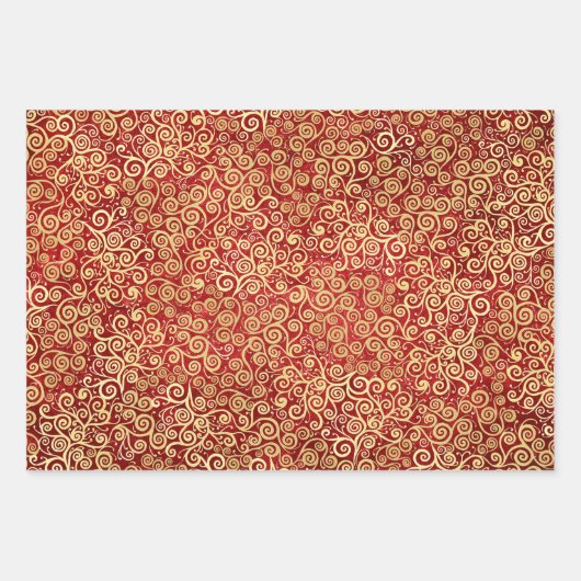 Rode Maroon & Gouden Swirls Patroon Boho Kerstmis Inpakpapier Vel (Voorkant)